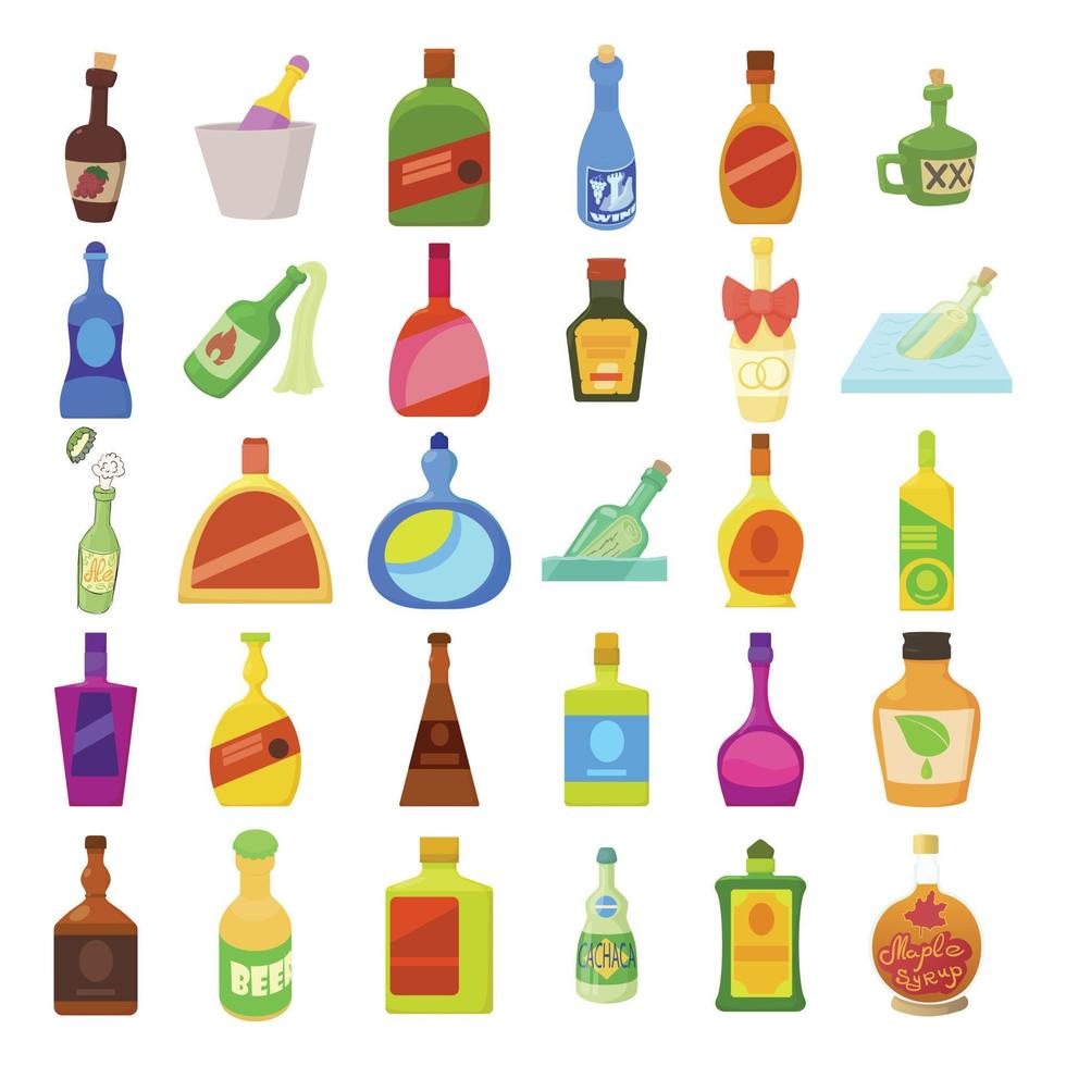 Alcohol bottle icon set, cartoon style vector