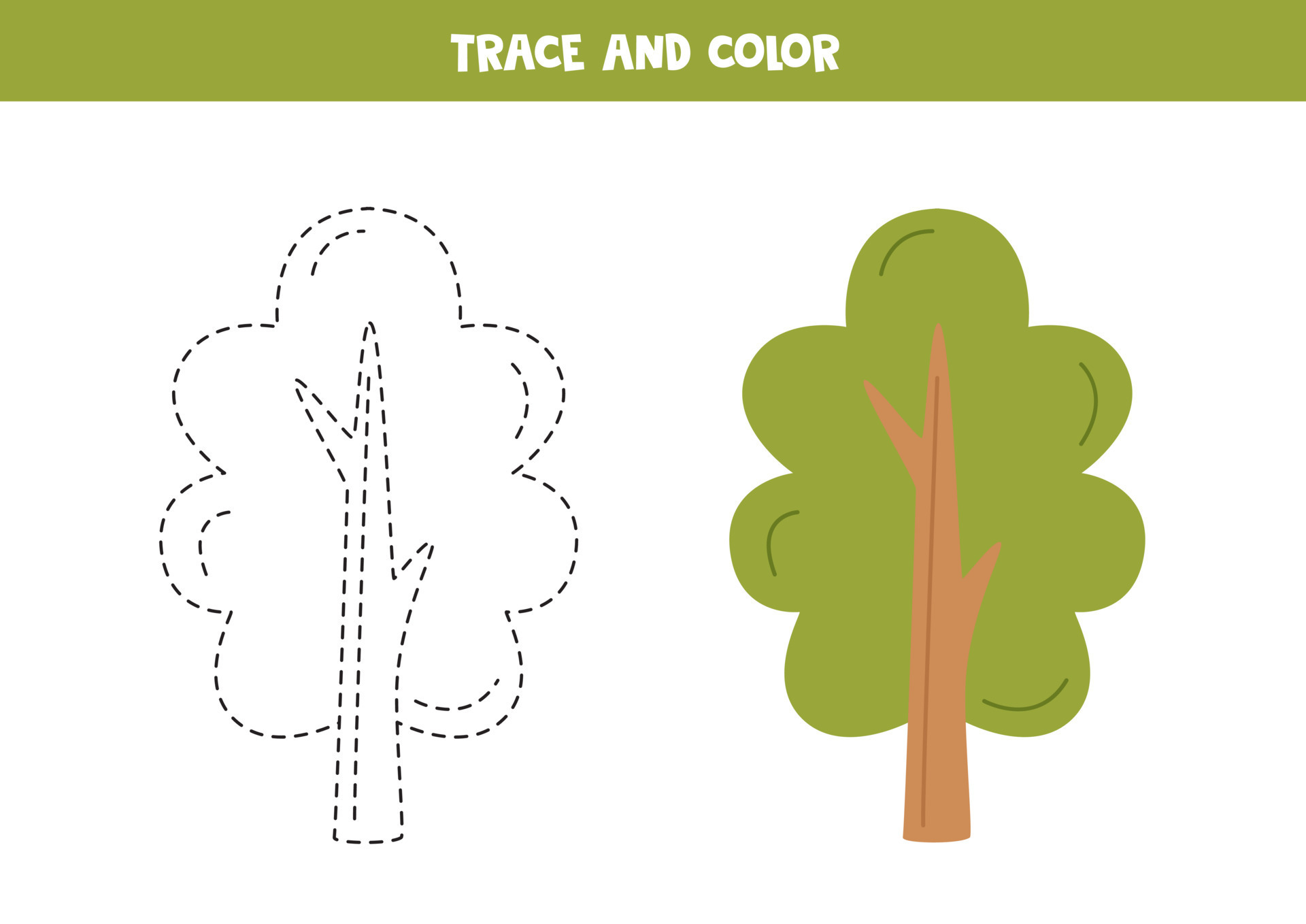 Trace and color cartoon tree. Worksheet for children. 8460238 Vector
