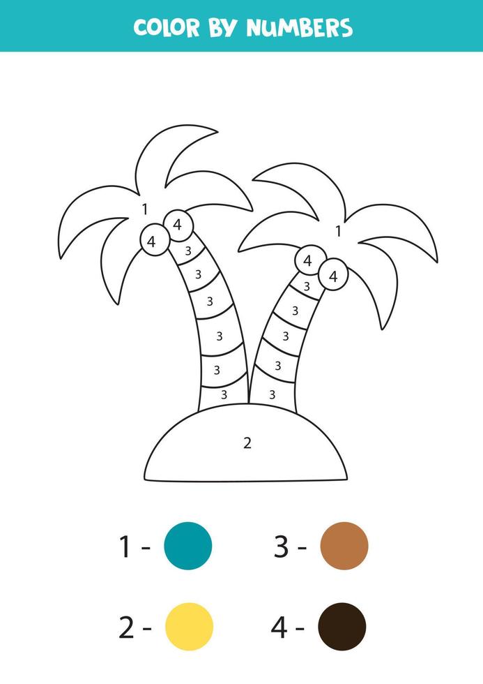 Color palms on island by numbers. Worksheet for kids. vector