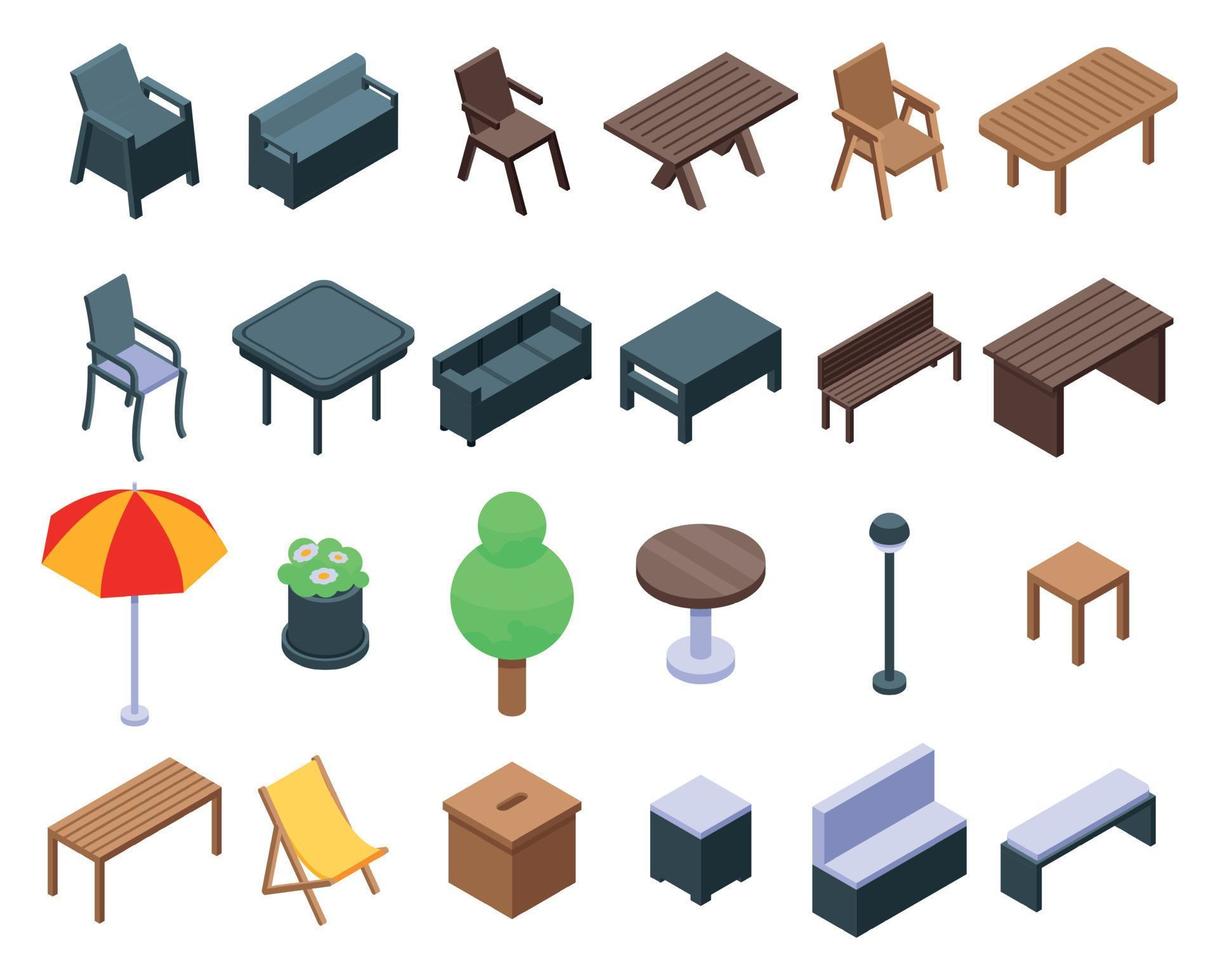 conjunto de iconos de muebles de jardín, estilo isométrico vector