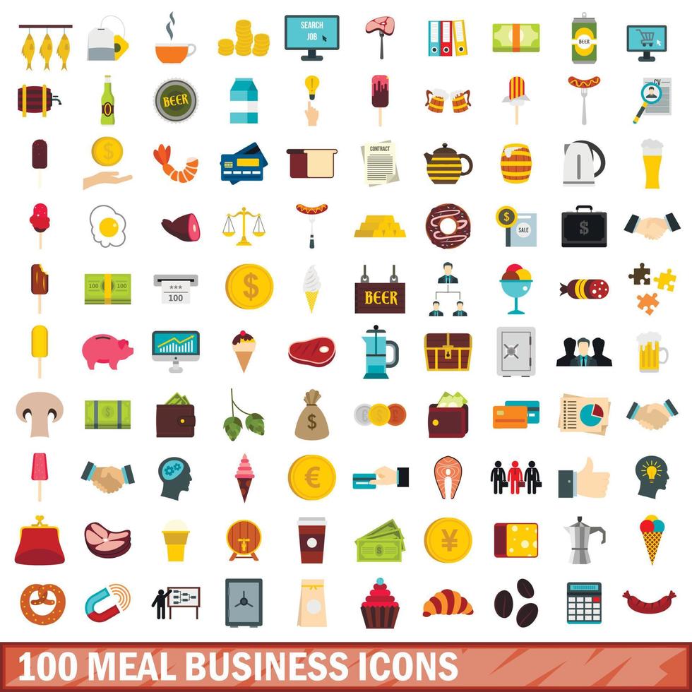 100 meal business icons set, flat style vector