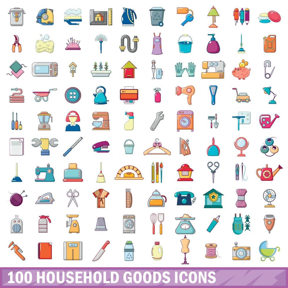 100 household goods icons set, cartoon style vector