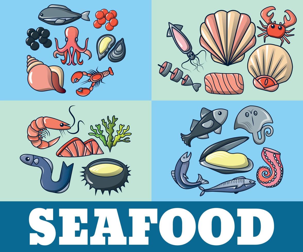 Seafood concept banner, cartoon style vector