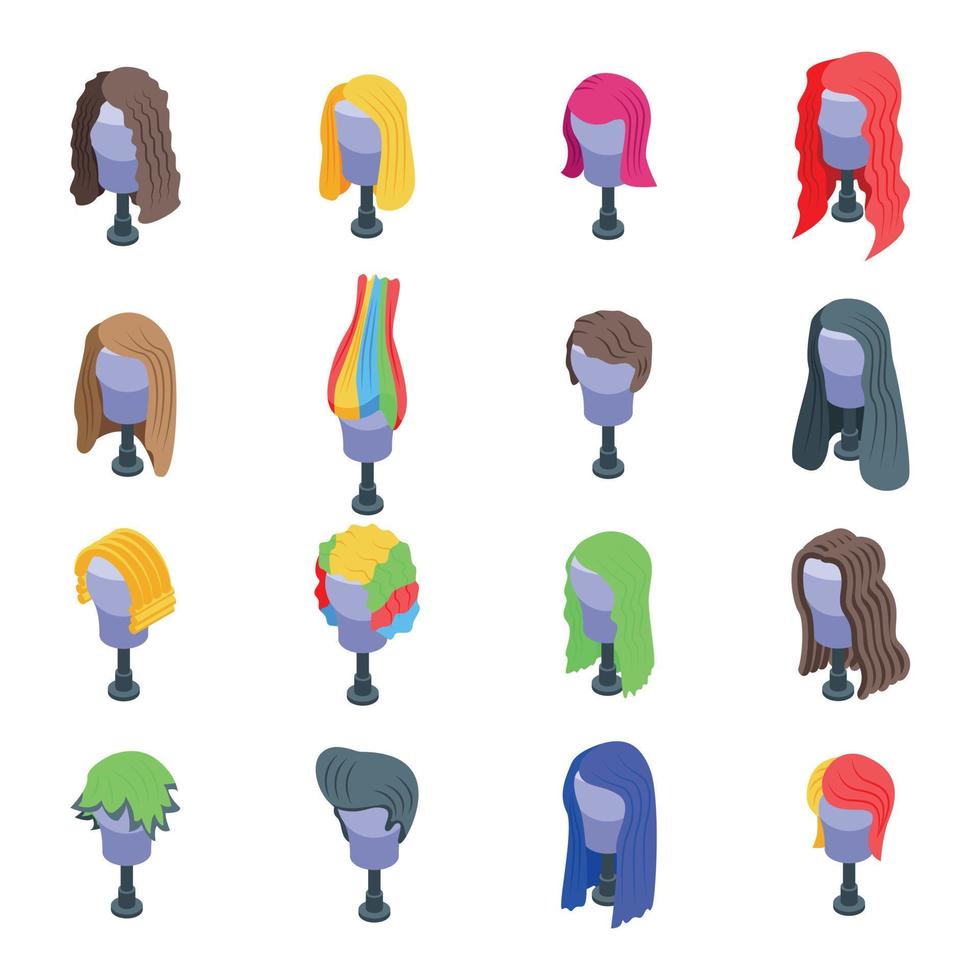 conjunto de iconos de peluca, estilo isométrico vector