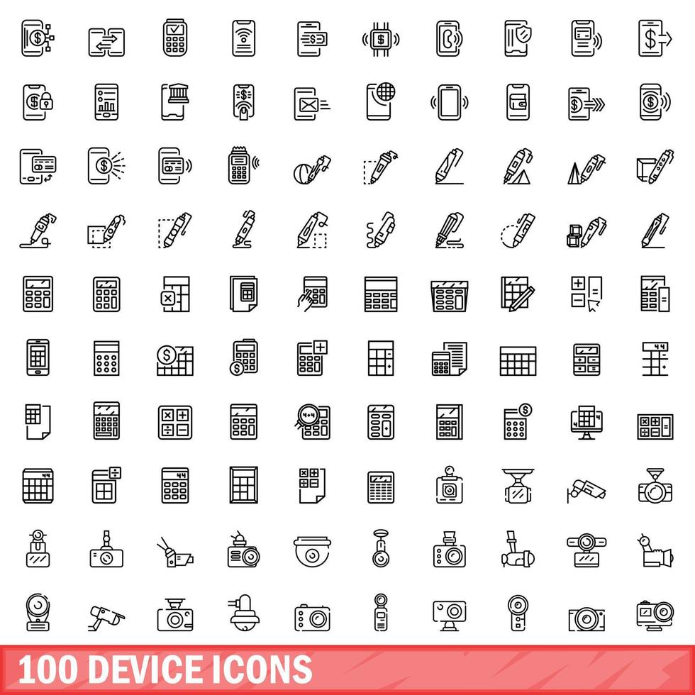 100 device icons set, outline style vector