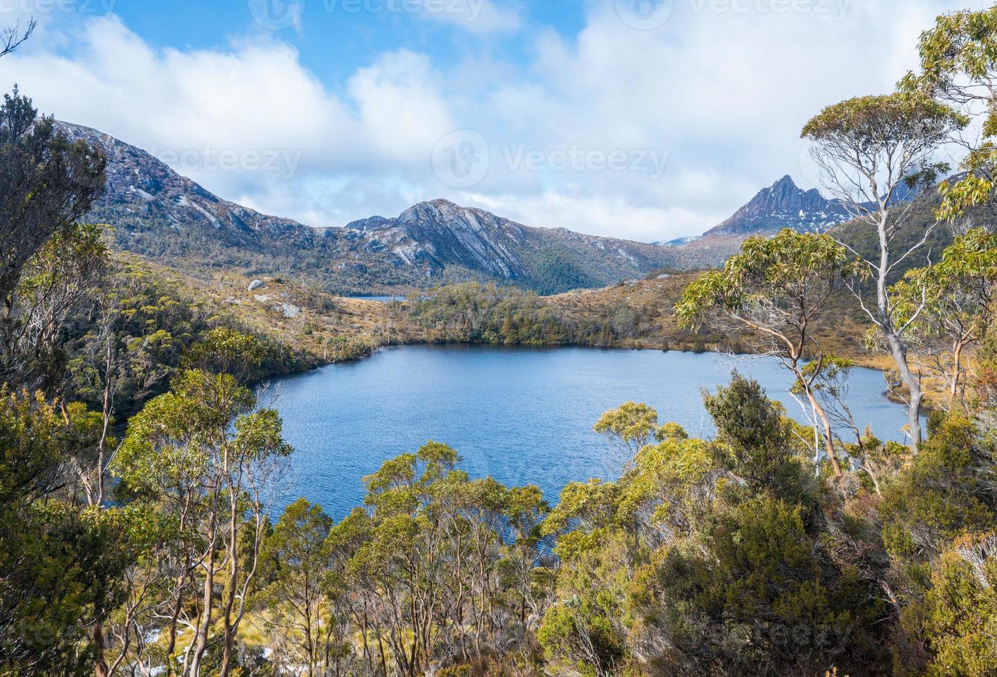 Beautiful view of Lake Lila look through forest in Cradle mountain national park, Tasmania state of Australia. photo