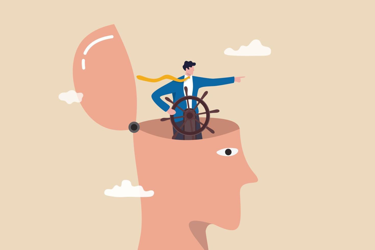 Self control or leadership thinking for business decision or guidance to the right direction, motivation, mindset or consciousness concept, businessman leader control steering wheel helm on his head. vector