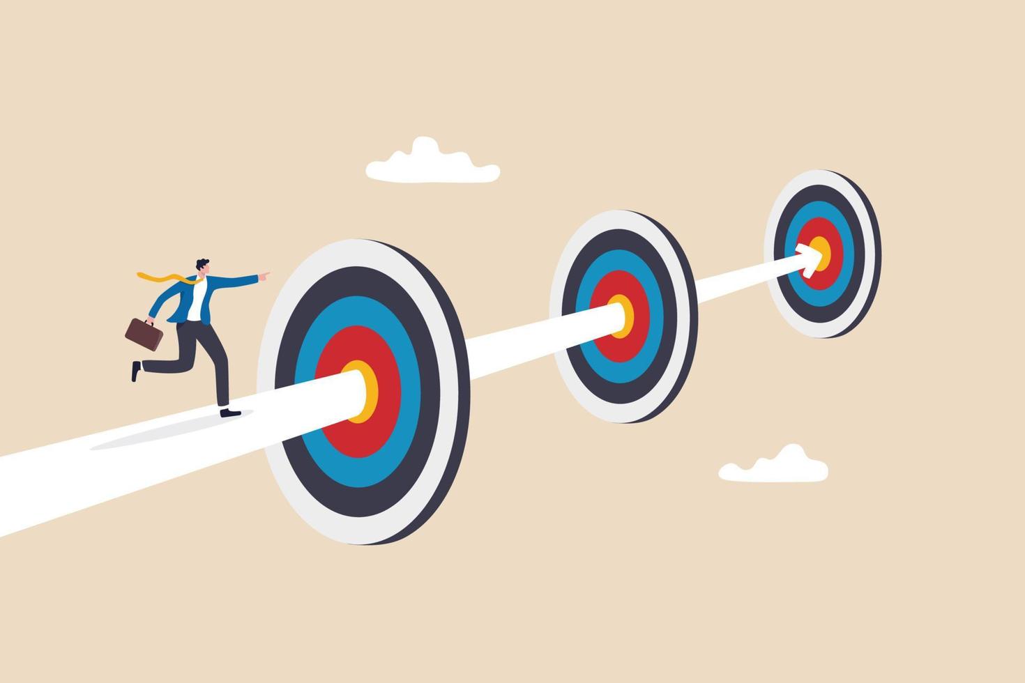 Achievements or challenge to achieve targets and business goals, objectives and purpose, journey to succeed in work and career concept, confidence businessman running on arrow way through targets. vector