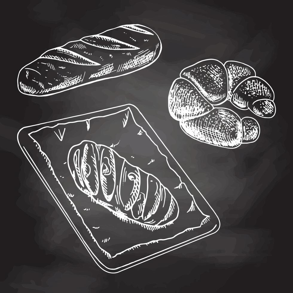 Vintage hand drawn sketch style bakery set. Bread, pastry sweets  and bage. White sketch isolated on black chalkboard. Icons and elements for print, labels, packaging. vector