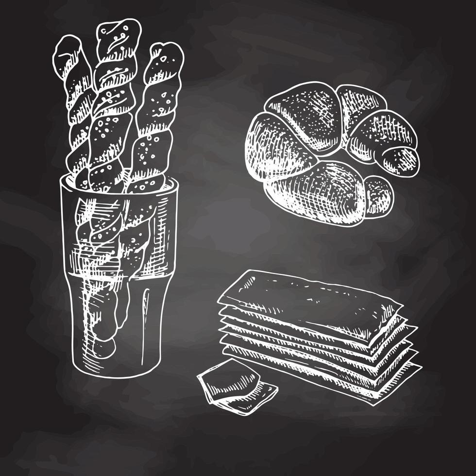 conjunto de panadería estilo boceto dibujado a mano vintage. pan y dulces de repostería. boceto blanco aislado en pizarra negra. iconos y elementos para impresión, etiquetas, embalaje. vector