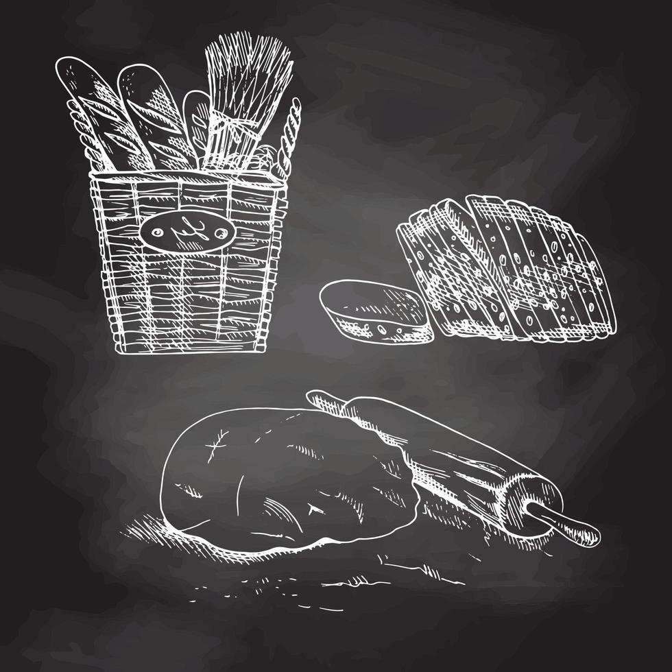 conjunto de panadería estilo boceto dibujado a mano vintage. pan, dulces de repostería, masa. boceto blanco aislado en pizarra negra. iconos y elementos para impresión, etiquetas, embalaje. vector
