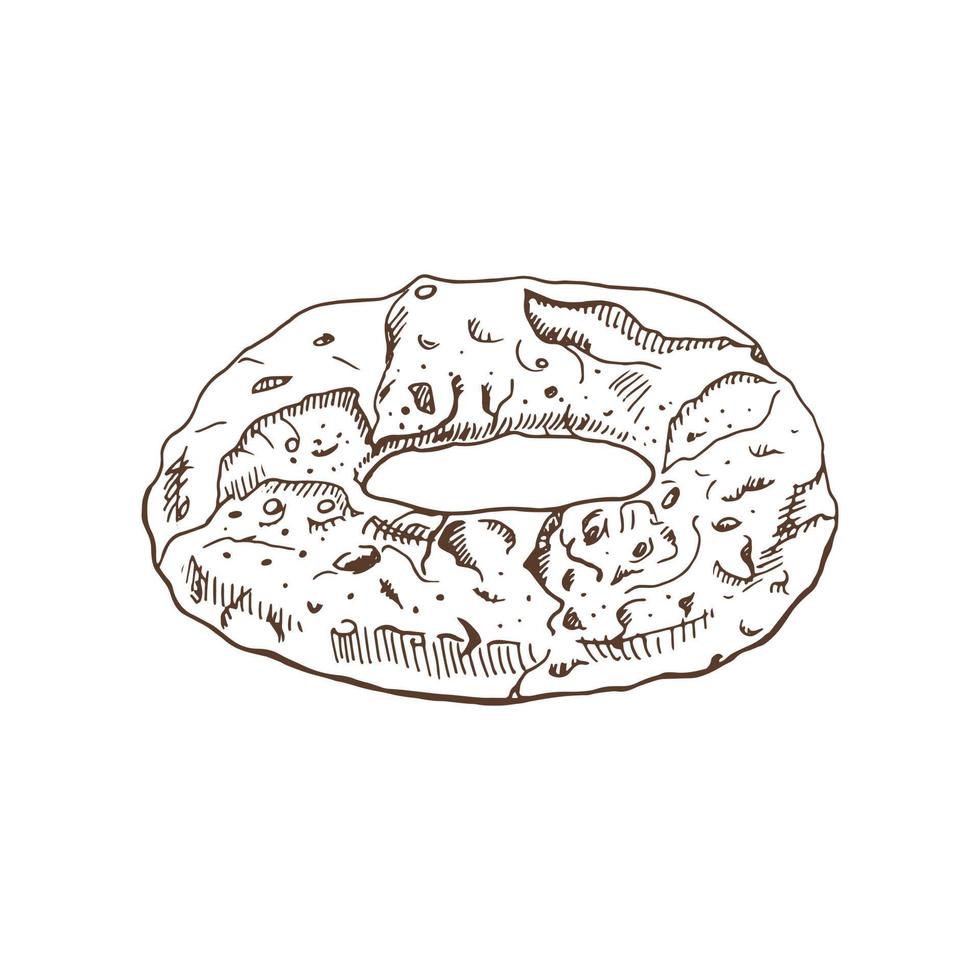 Vector hand drawn illustration of kalach, pretzel. Brown and white pastry  drawing isolated on white background. Sketch icon and bakery element for print, web, mobile.