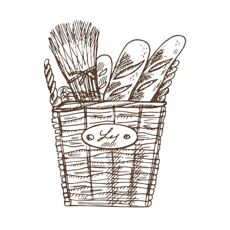 Vector hand drawn illustration of wicker square basket with baguettes. Brown and white pastry  drawing isolated on white background. Sketch icon and bakery element for print, web, mobile.