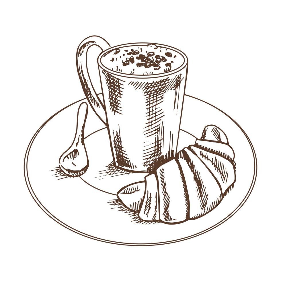 Vector hand drawn illustration of a cup of coffee with a croissant, a spoon on a plate. Brown and white bread drawing isolated on white background. Sketch icon and bakery element for print, web.