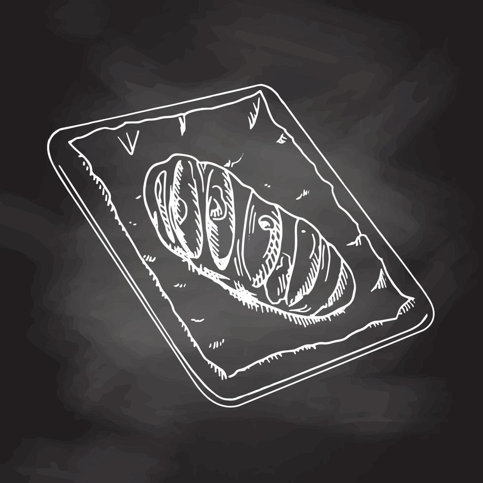 Vector hand drawn illustration of bread on a baking sheet. White sketch isolated on black chalkboard. Sketch icon and bakery element for print, web, mobile and infographics.