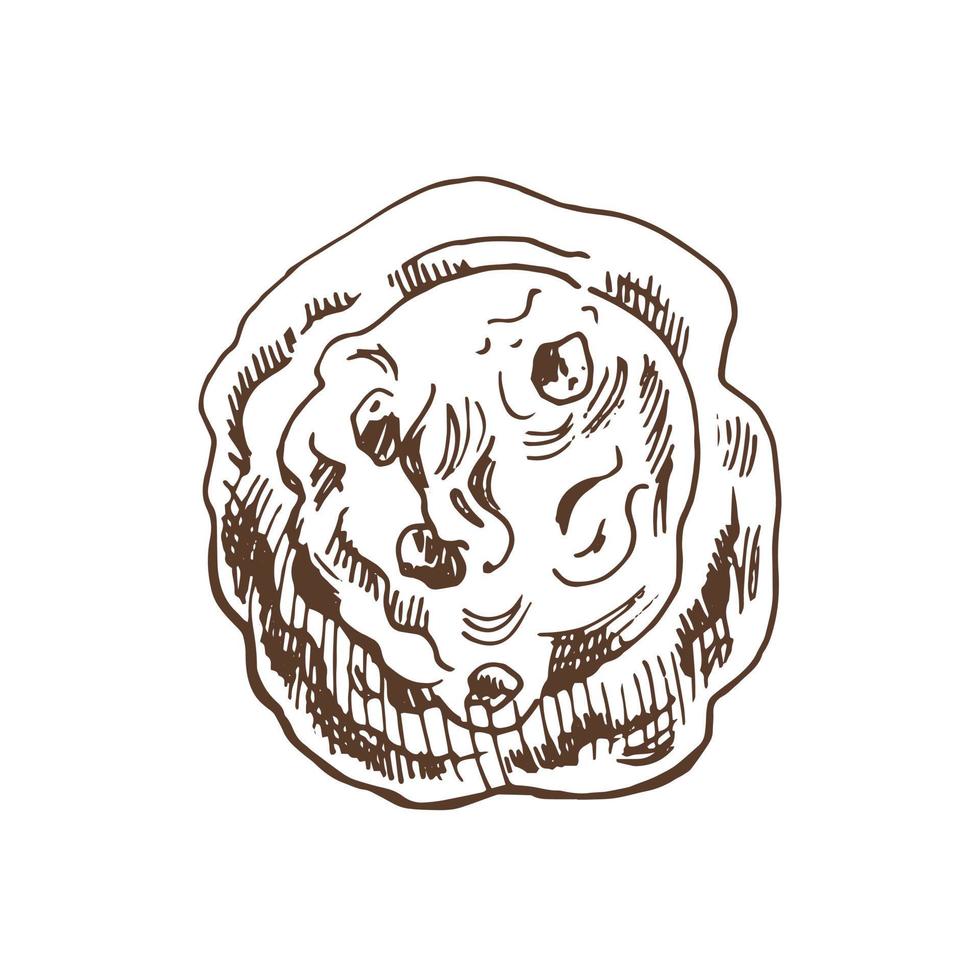 ilustración dibujada a mano vectorial de pan dulce, bollo de canela, croissant. dibujo de pastelería marrón y blanco aislado sobre fondo blanco. icono de esbozo y elemento de panadería para impresión, web, móvil. vector