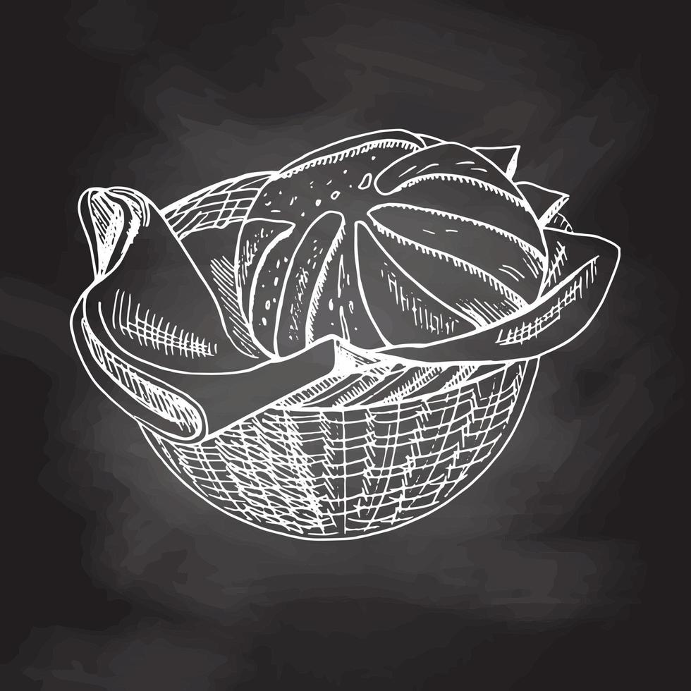 Vector hand drawn illustration of wicker basket with loaf of bread.  White sketch isolated on black chalkboard. Sketch icon and bakery element for print, web, mobile and infographics.