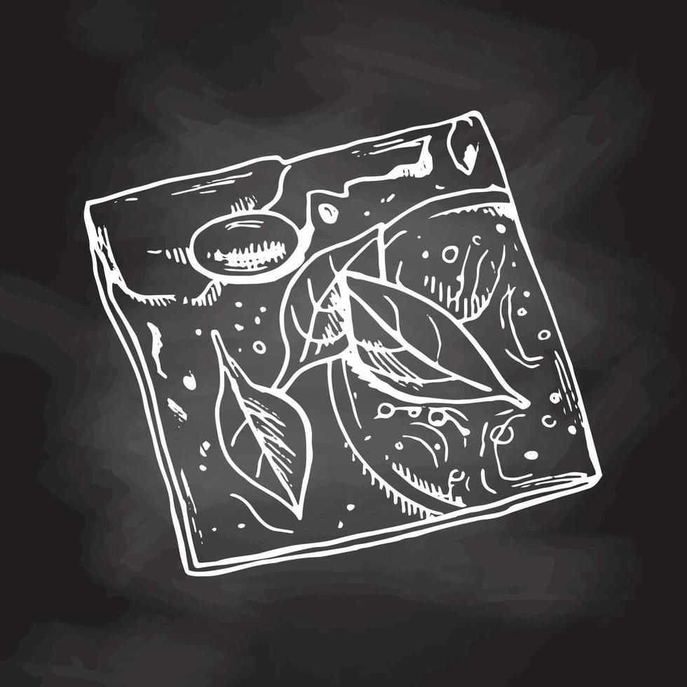 Vector hand drawn illustration of crispbread with tomato, herbs, olives and cheese.  White sketch isolated on black chalkboard. Sketch icon and bakery element for print.