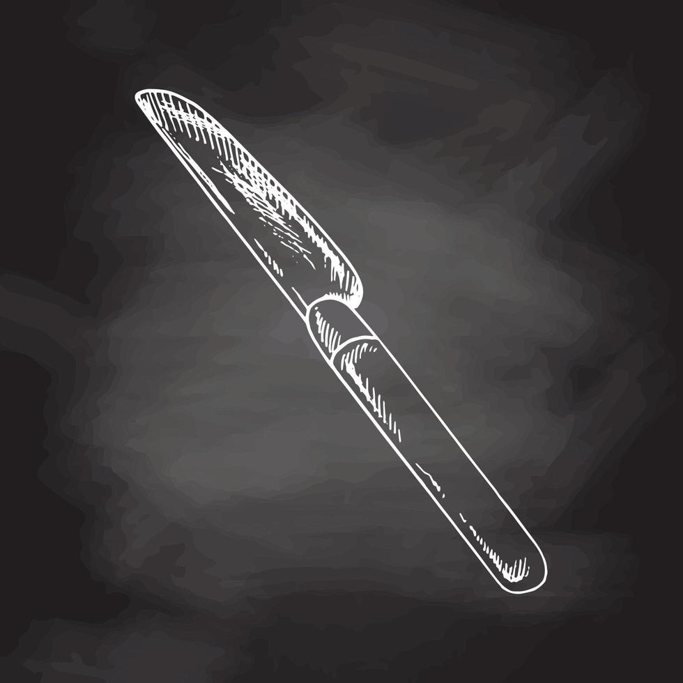 Vector hand drawn illustration of  table-knife.  White sketch isolated on black chalkboard. Sketch icon and  element for print, web, mobile.