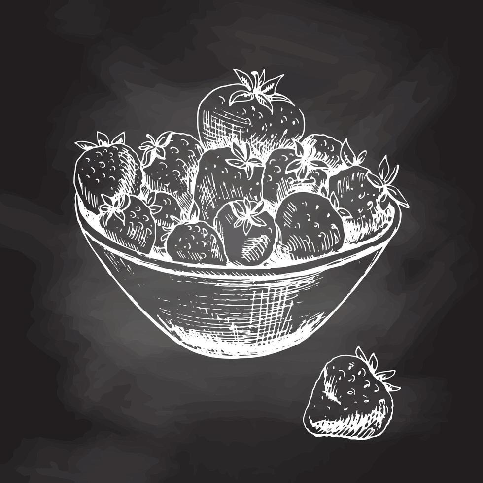 dibujo vectorial de cuenco con fresas. boceto blanco dibujado a mano en pizarra negra. ilustración de bayas de verano. ideal para etiquetas, afiches, impresiones. vector