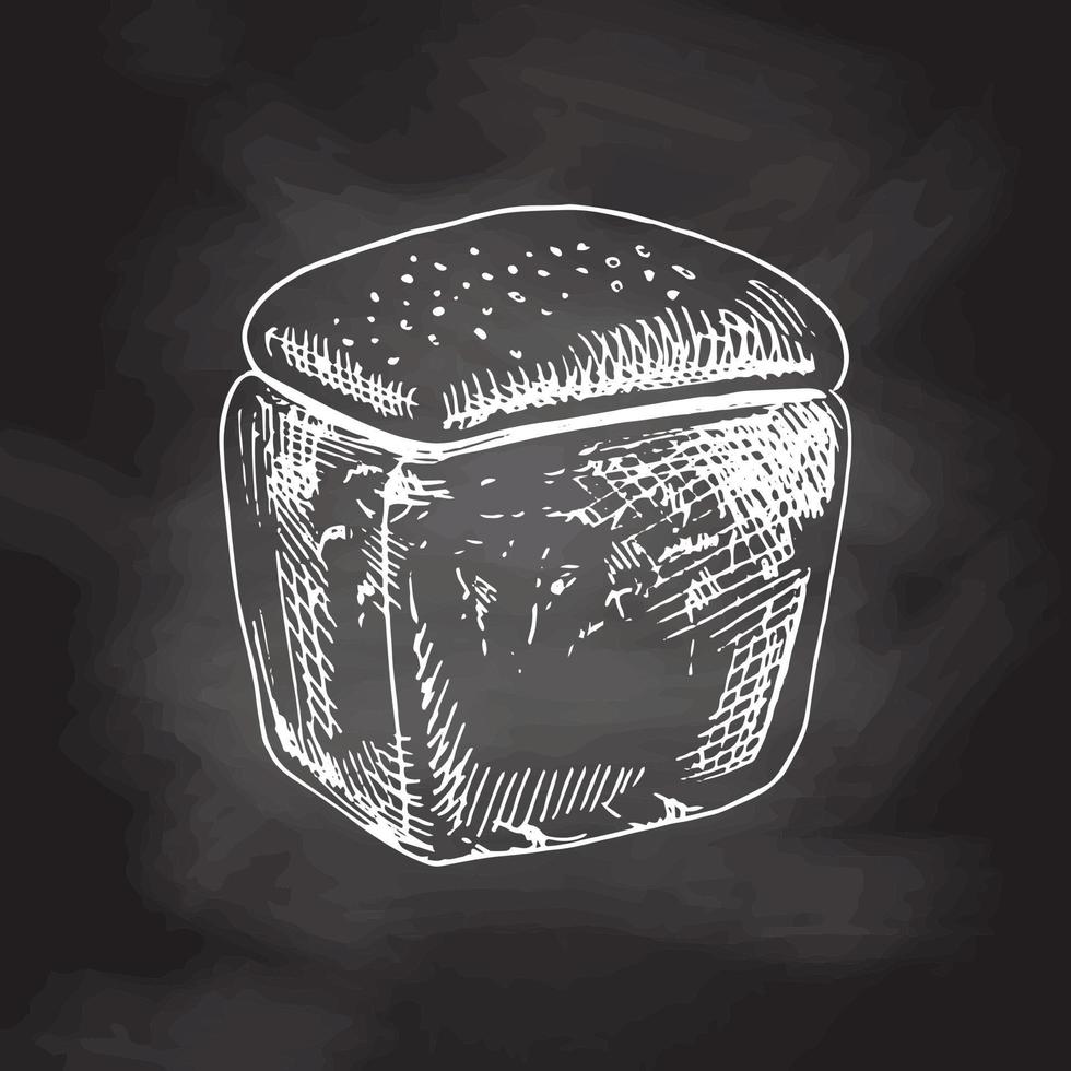 Vector hand drawn illustration of loaf of bread. White sketch isolated on black chalkboard.  Sketch icon and bakery element for print, web, mobile and infographics.