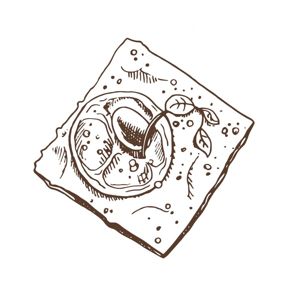 Vector hand drawn illustration of crispbread with tomato, herbs and olives. Brown and white pastry drawing isolated on white background. Sketch icon and bakery element for print.