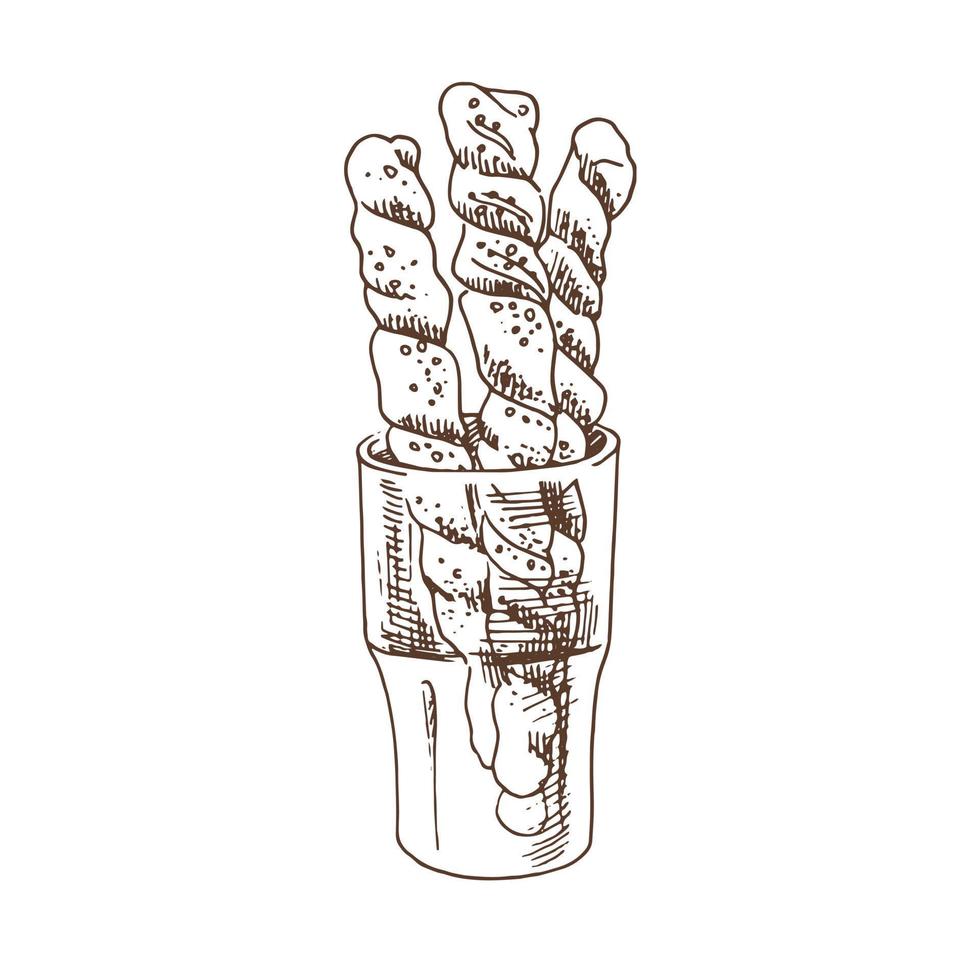 Vector hand drawn illustration of glass with baguettes. Brown and white pastry  drawing isolated on white background. Sketch icon and bakery element for print, web, mobile.