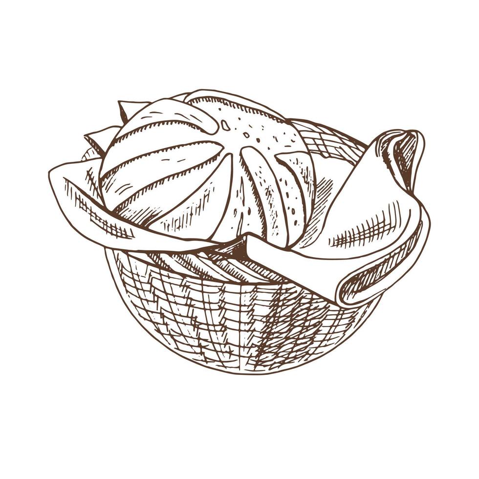 Vector hand drawn illustration of wicker basket with loaf of bread. Brown and white pastry drawing isolated on white background. Sketch icon and bakery element for print, web, mobile and infographics.