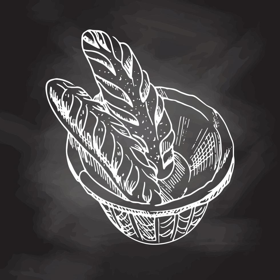 Vector hand drawn illustration of wicker basket with baguettes. White sketch isolated on black chalkboard. Sketch icon and bakery element for print, web, mobile and infographics.