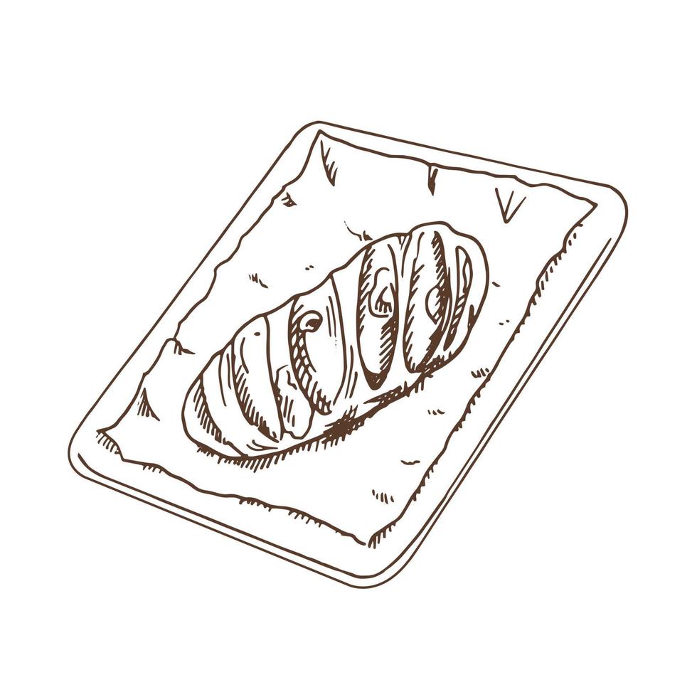 Vector hand drawn illustration of bread on a baking sheet.  Brown and white drawing isolated on white background. Sketch icon and bakery element for print, web, mobile and infographics.