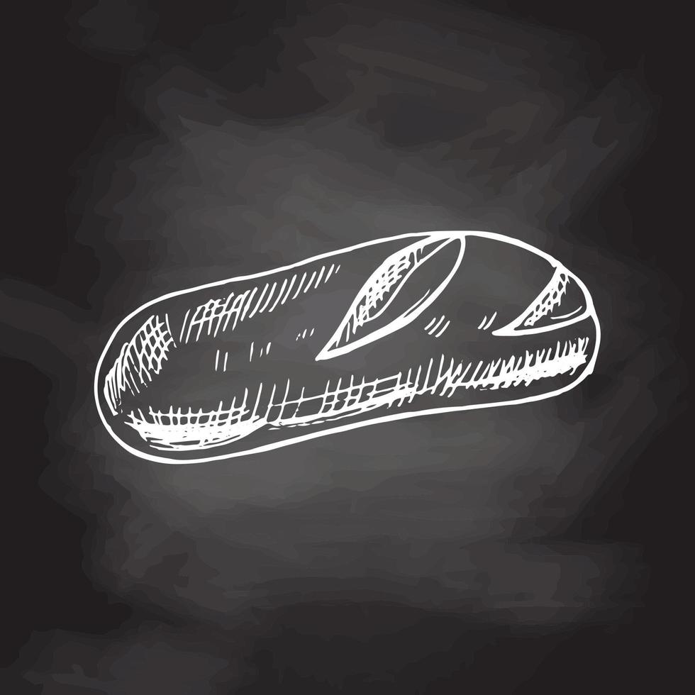 Vector hand drawn illustration of loaf of bread. White sketch isolated on black chalkboard. Sketch icon and bakery element for print, web, mobile and infographics.