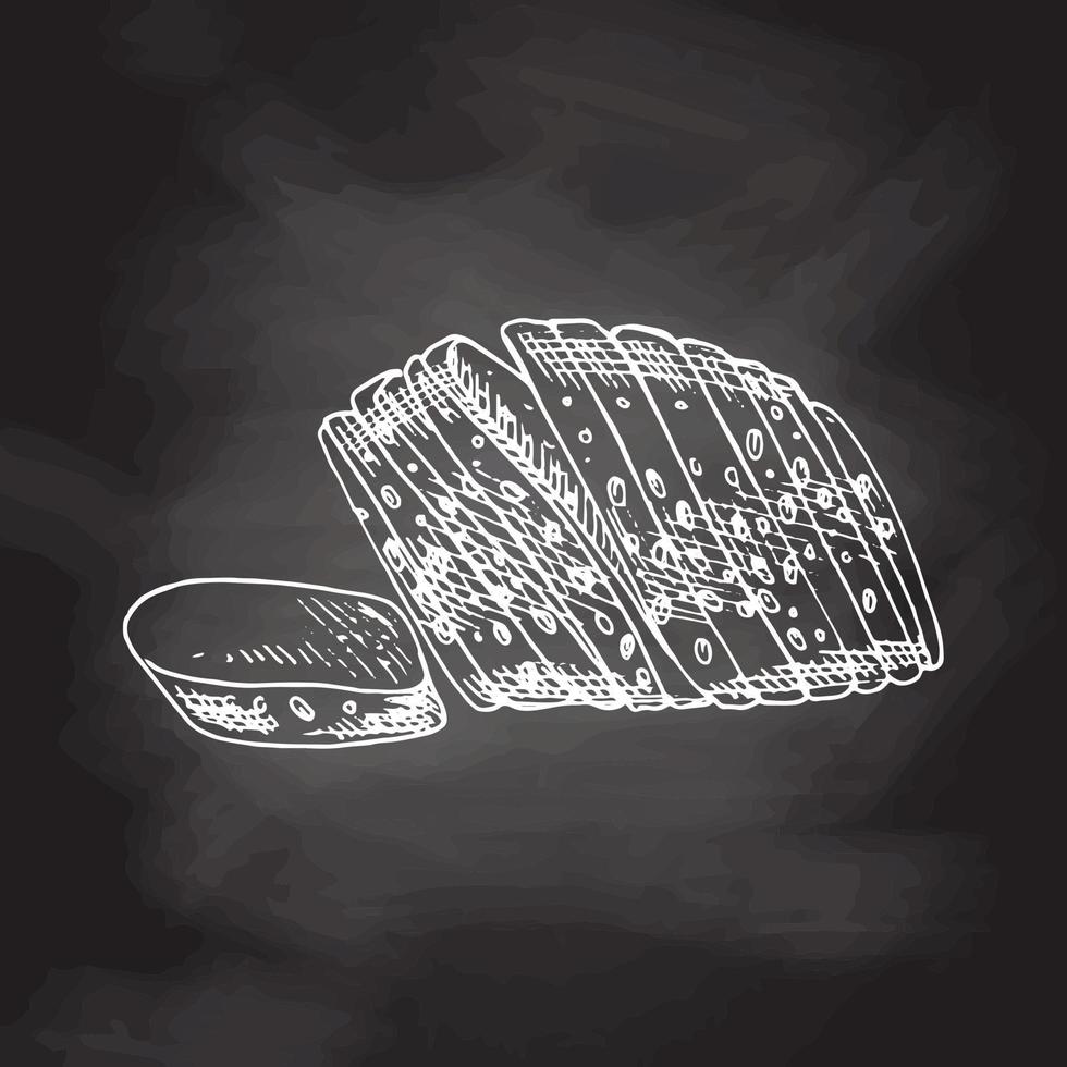 Vector hand drawn illustration of loaf of sliced bread. White sketch isolated on black chalkboard. Sketch icon and bakery element for print, web, mobile and infographics.