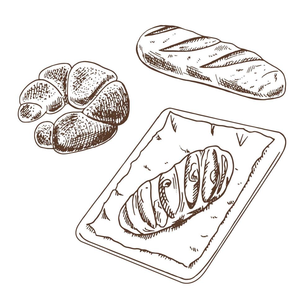 Vintage hand drawn sketch style bakery set. Bread, pastry sweets  and bagel on white background. Vector illustration. Icons and elements for print, web, mobile and infographics.