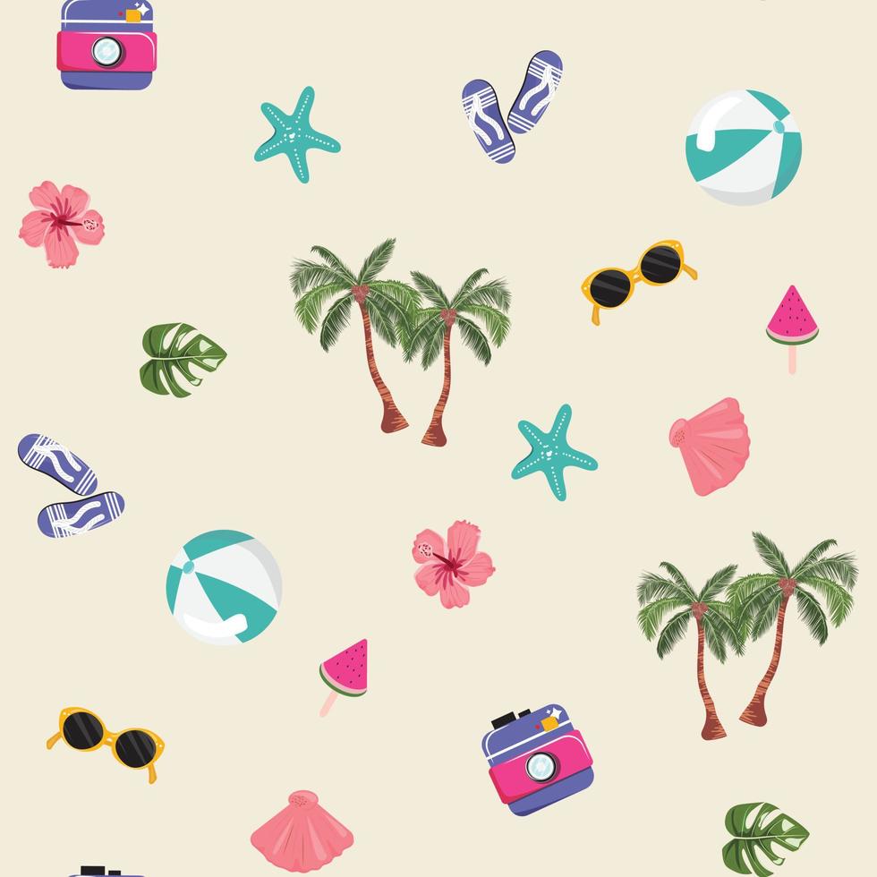 Cute seamless pattern with summer items. Beach concept illustration. vector
