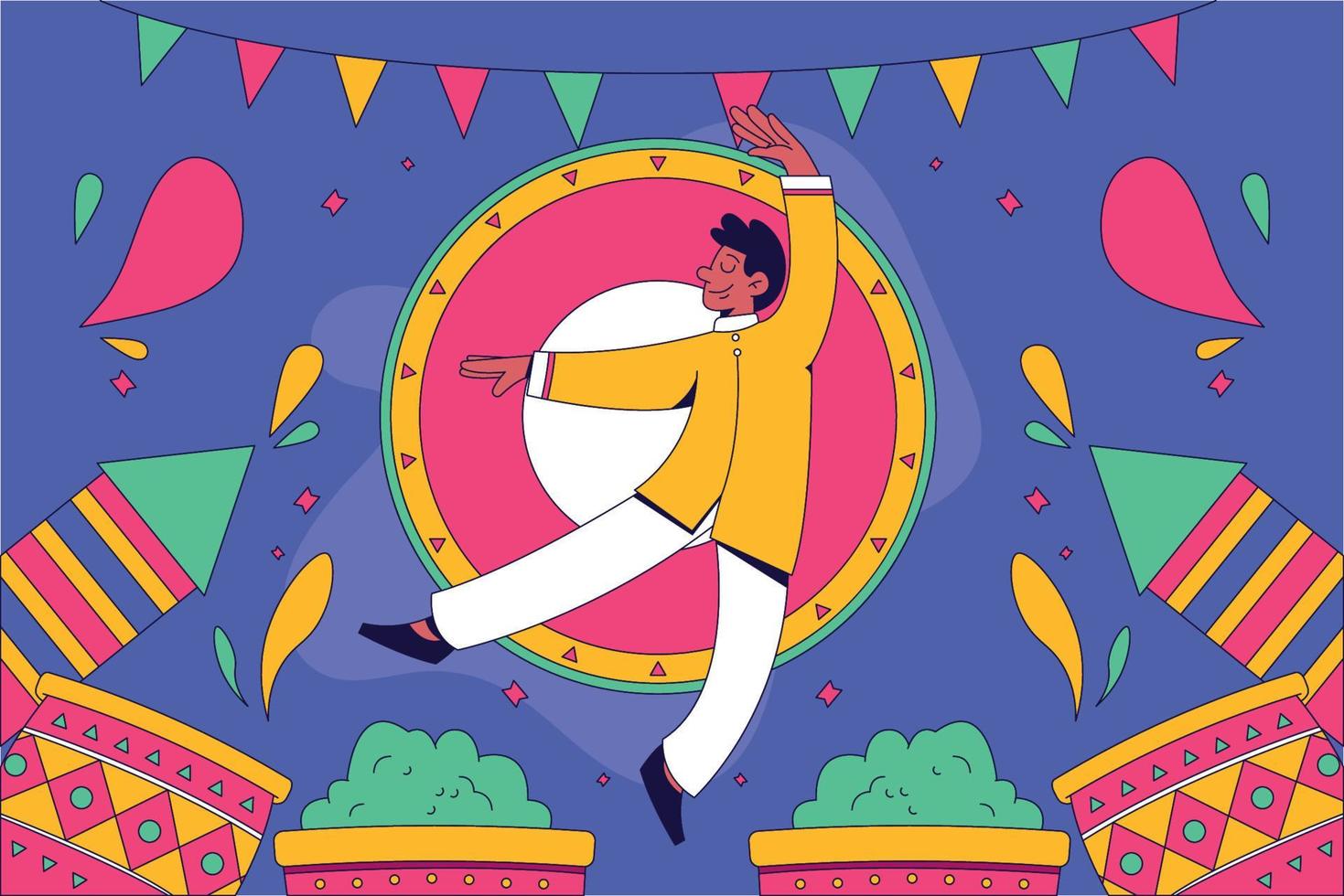 un hombre baila en la ilustración plana del festival holi vector