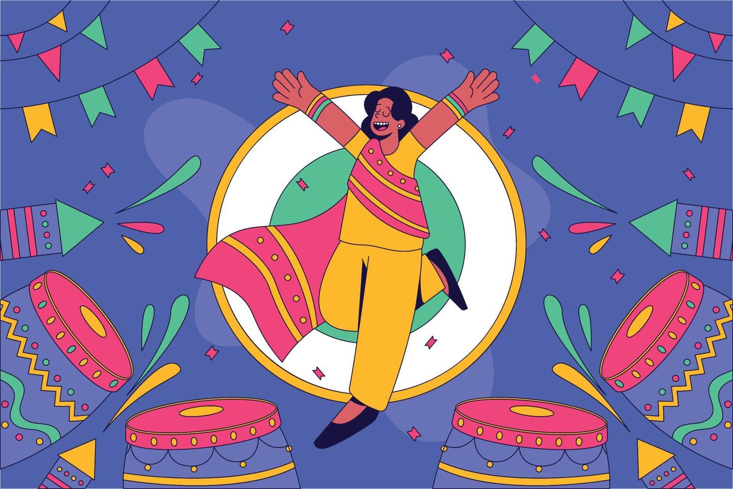 una mujer bailando celebración holi festival ilustración plana vector