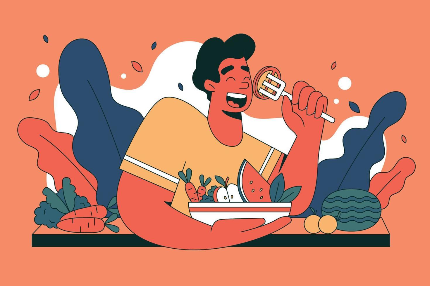 hombre comiendo ensalada ilustración plana vector