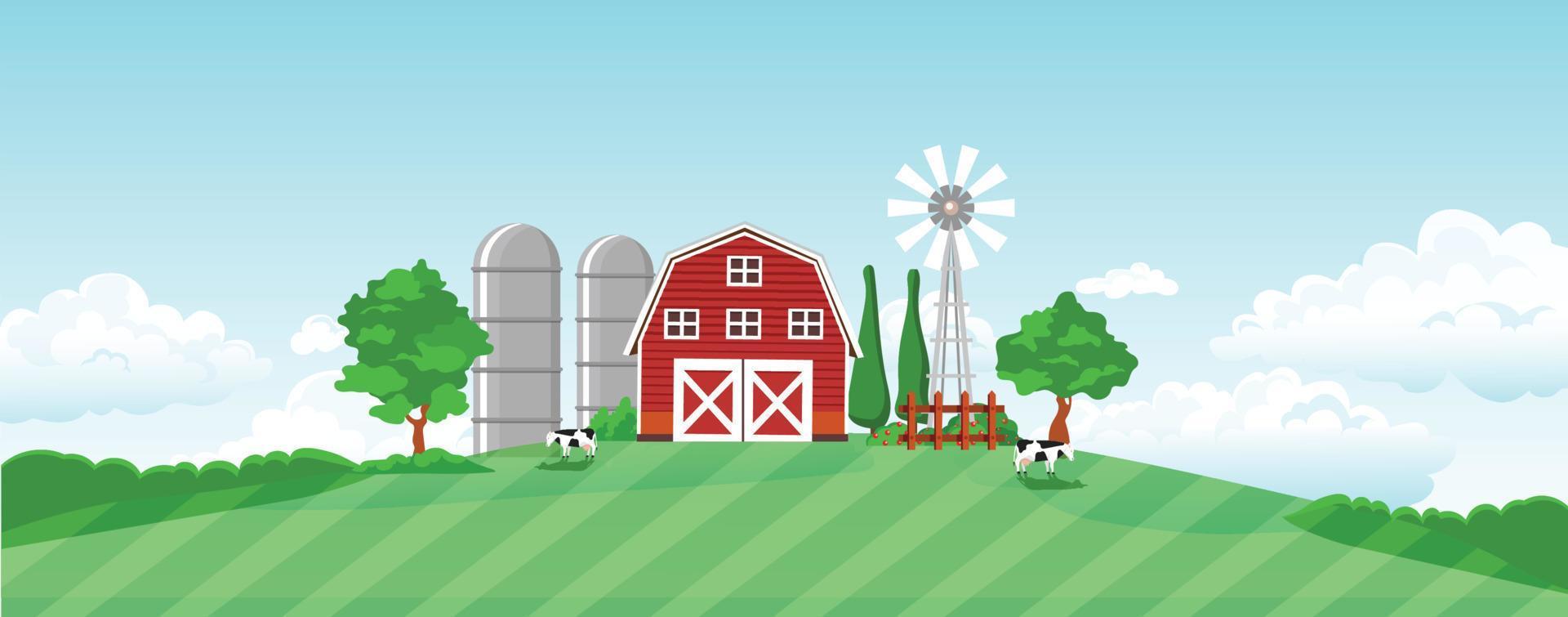 campo de agricultores para moler en tierras agrícolas. paisaje natural con campo verde, puesta de sol con una ilustración de dibujos animados de hangar rojo, vector