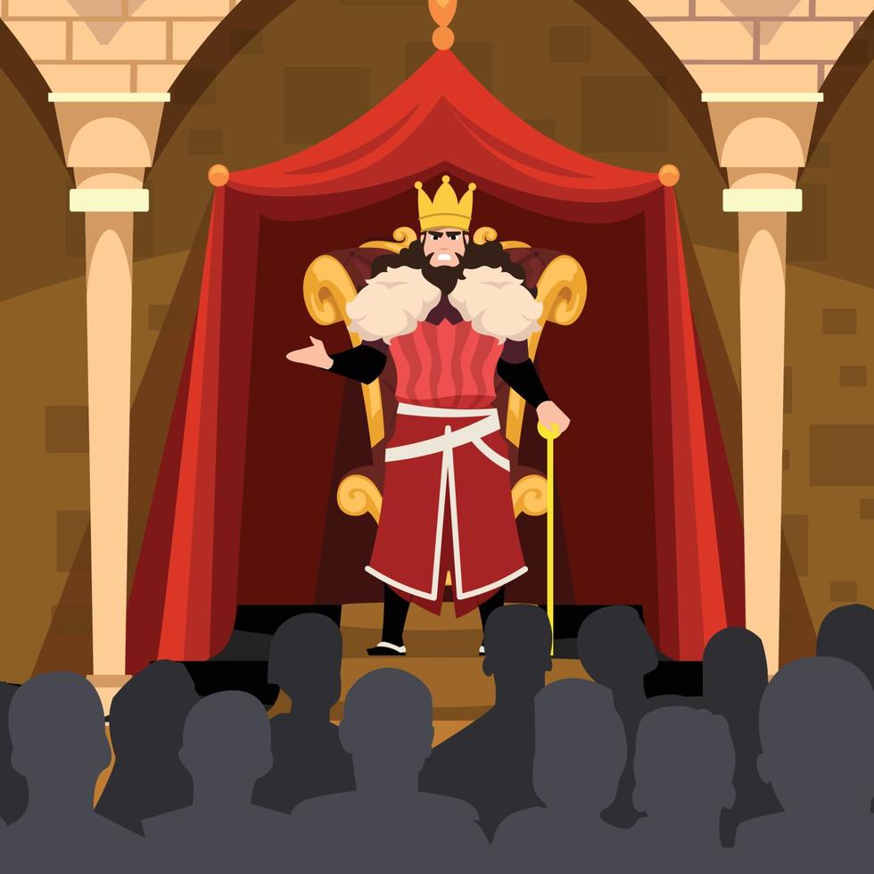 king in front of his royal throne talking or giving speech to his people flat illustration character vector