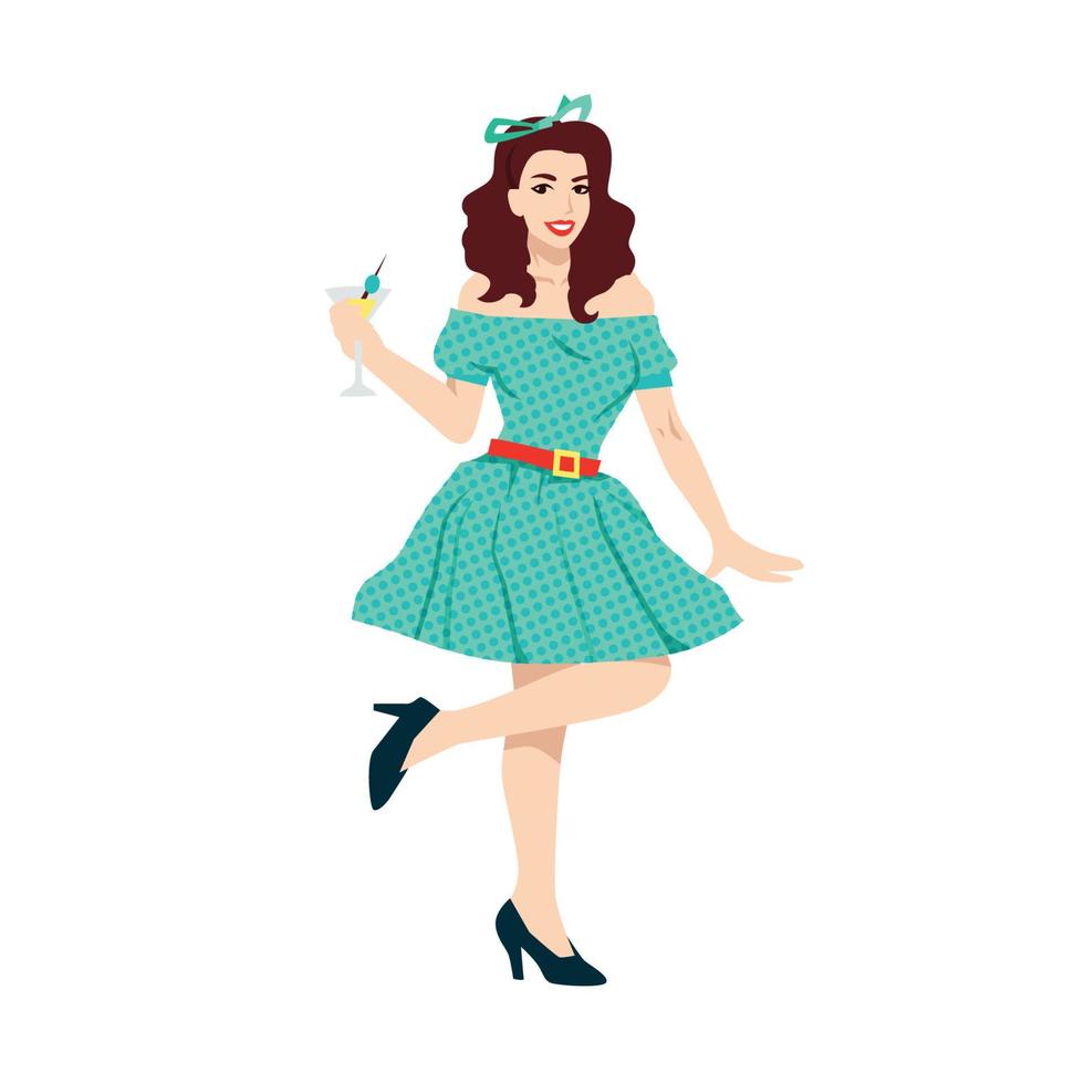 mujer con vestido retro de lunares verdes ilustración vectorial vector