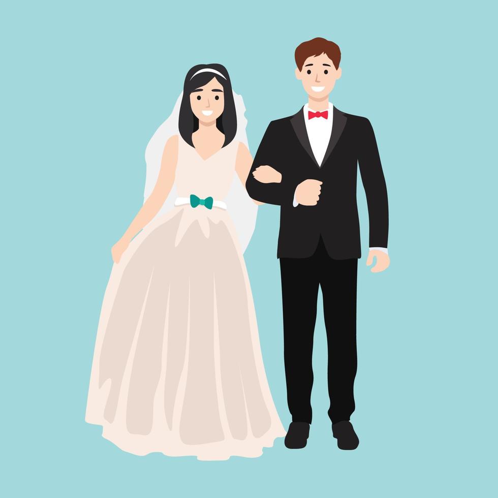 Newlyweds. Happy young family having wedding ceremony. Man and woman getting married. Bride and groom, girl in wedding dress vector illustration