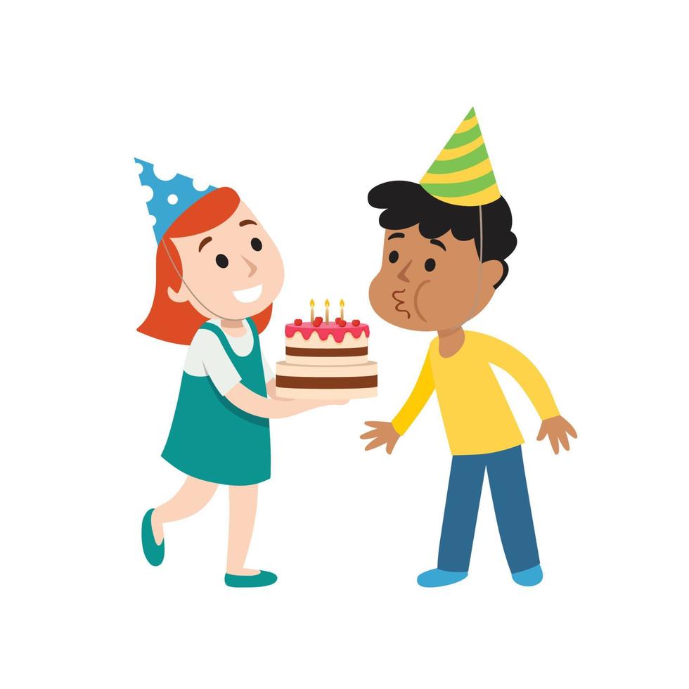 feliz grupo de niños divirtiéndose en la fiesta de cumpleaños. el niño sopla las velas en el pastel. vector