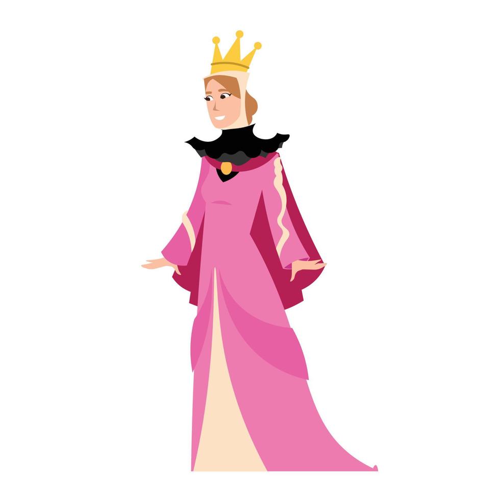 reina majestuosa en vestido rosa y corona de oro, cuento de hadas o personaje medieval europeo ilustración vectorial colorida vector