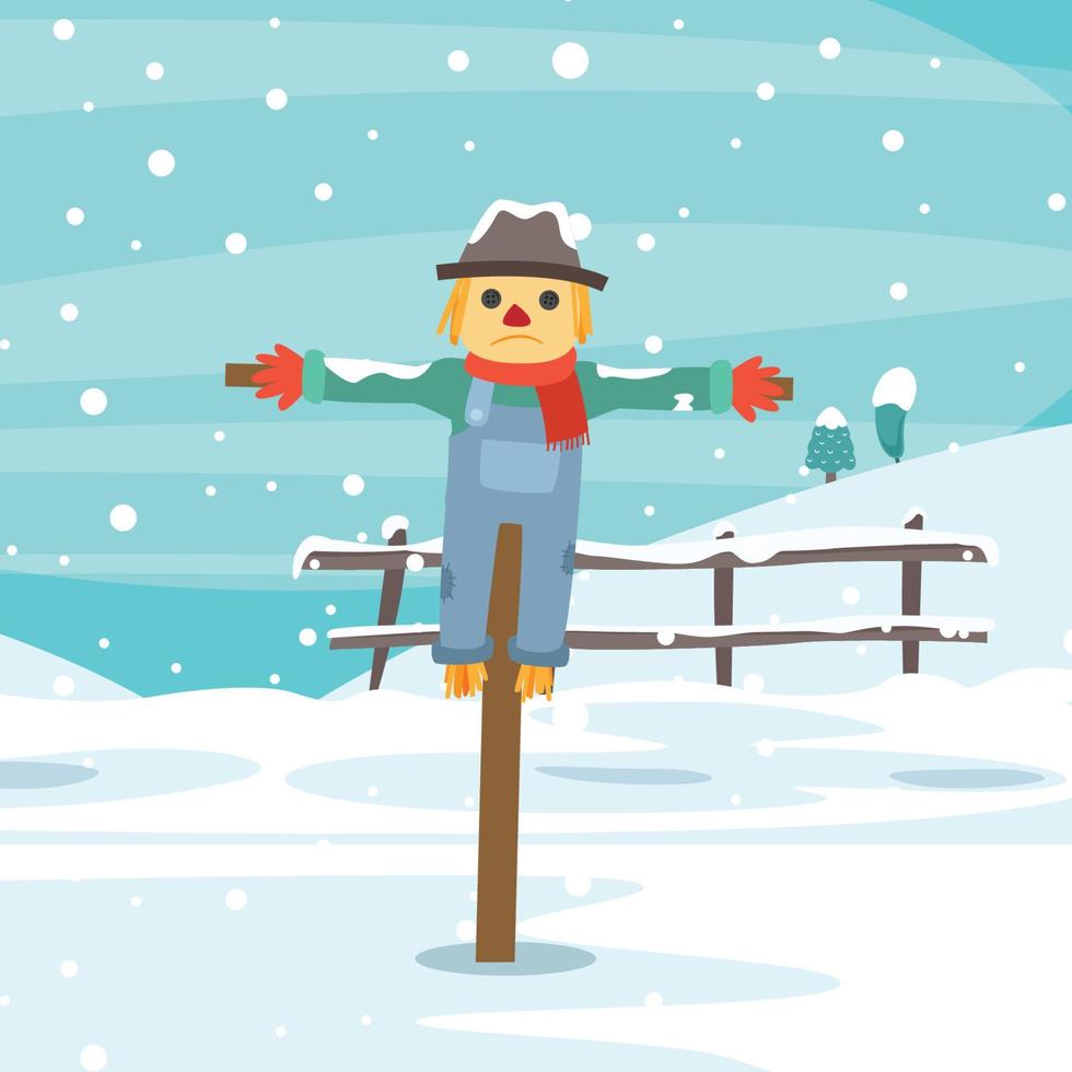 triste personaje de espantapájaros en medio del invierno solo. ilustración aislada de dibujos animados planos vectoriales vector