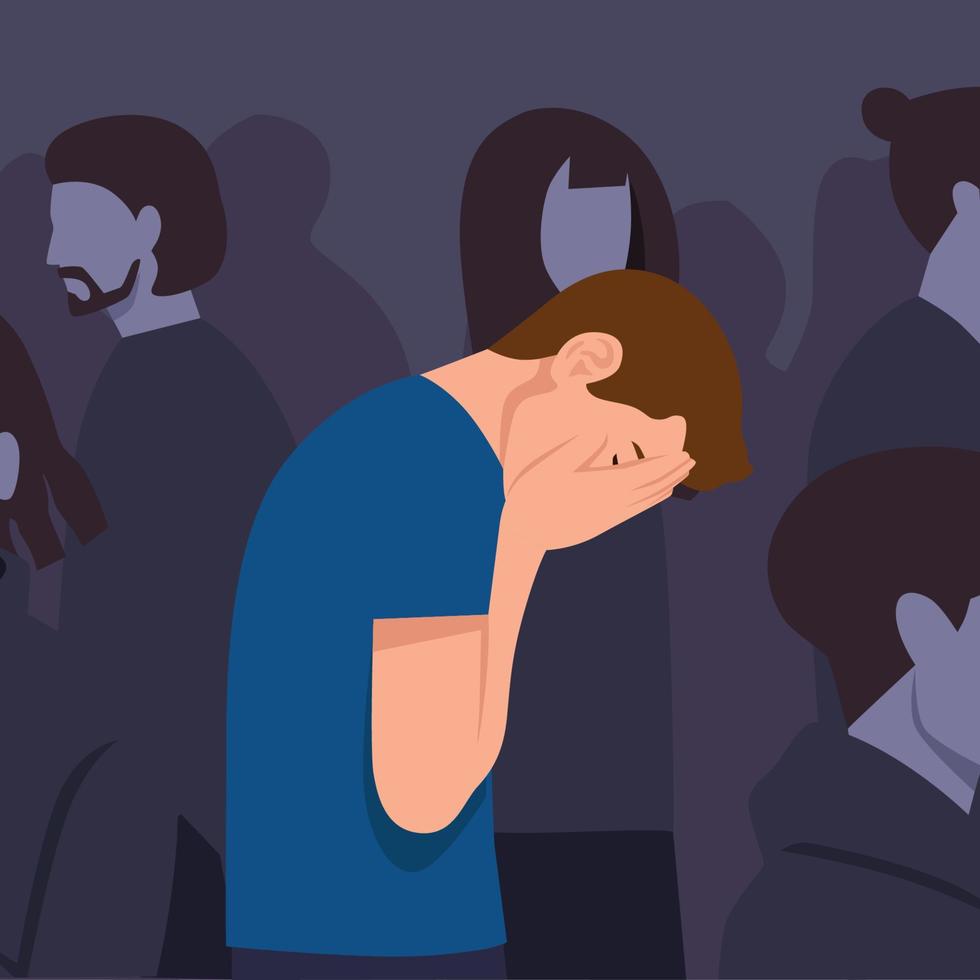 joven personaje masculino deprimido sosteniendo su cabeza. carácter de ansiedad en la multitud. pensamientos tristes ilustración vectorial plana. vector