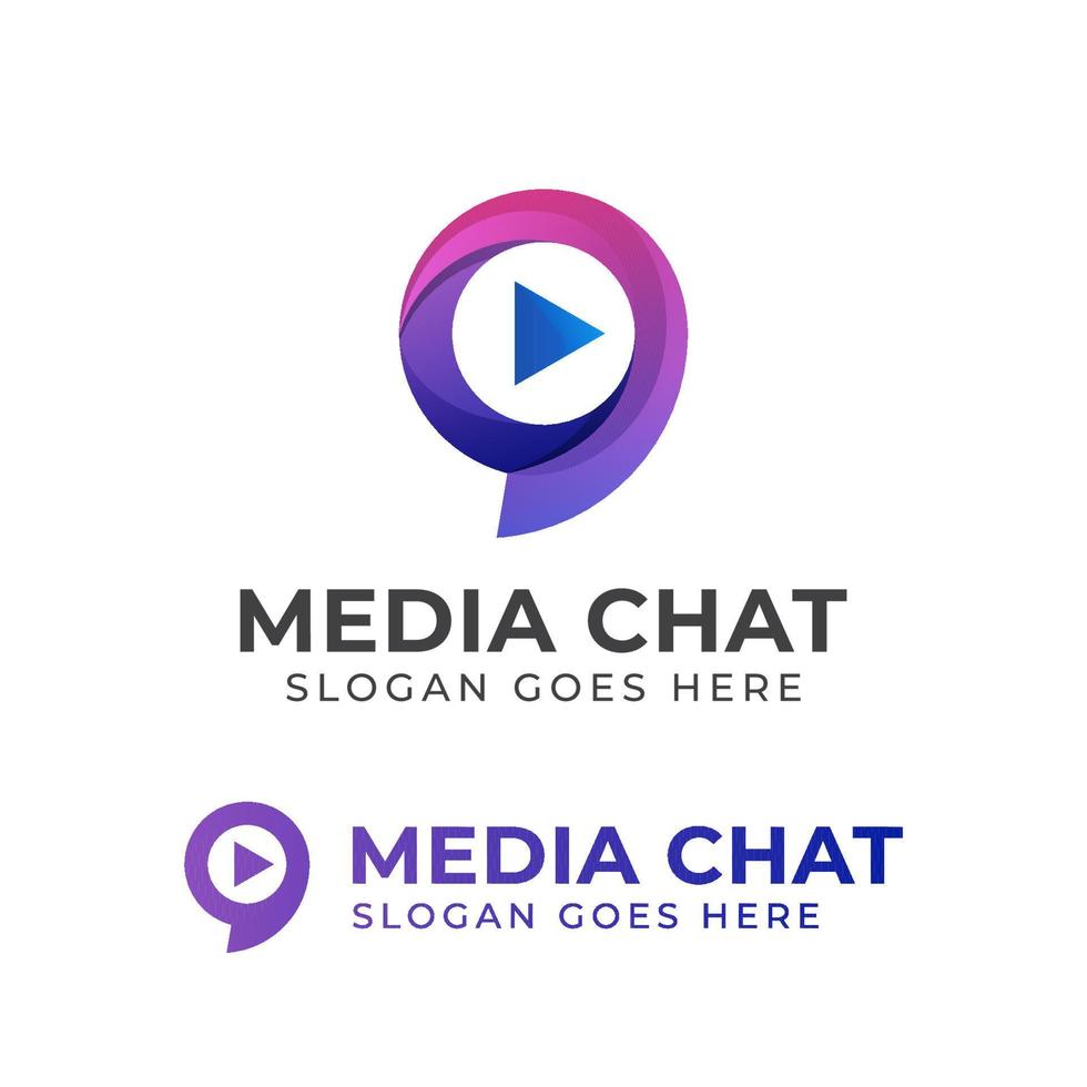 logotipos creativos de chat de medios o charla social con icono de reproducción, diseño de logotipo de estudio de nueve medios vector