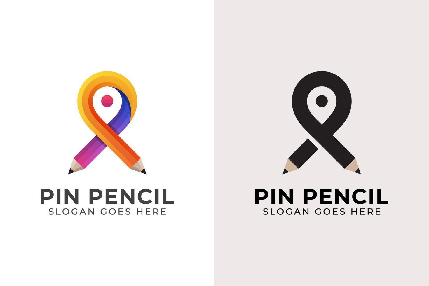 diseño de logotipo creativo de lápiz con diseño de icono de símbolo de ubicación de mapa pin vector