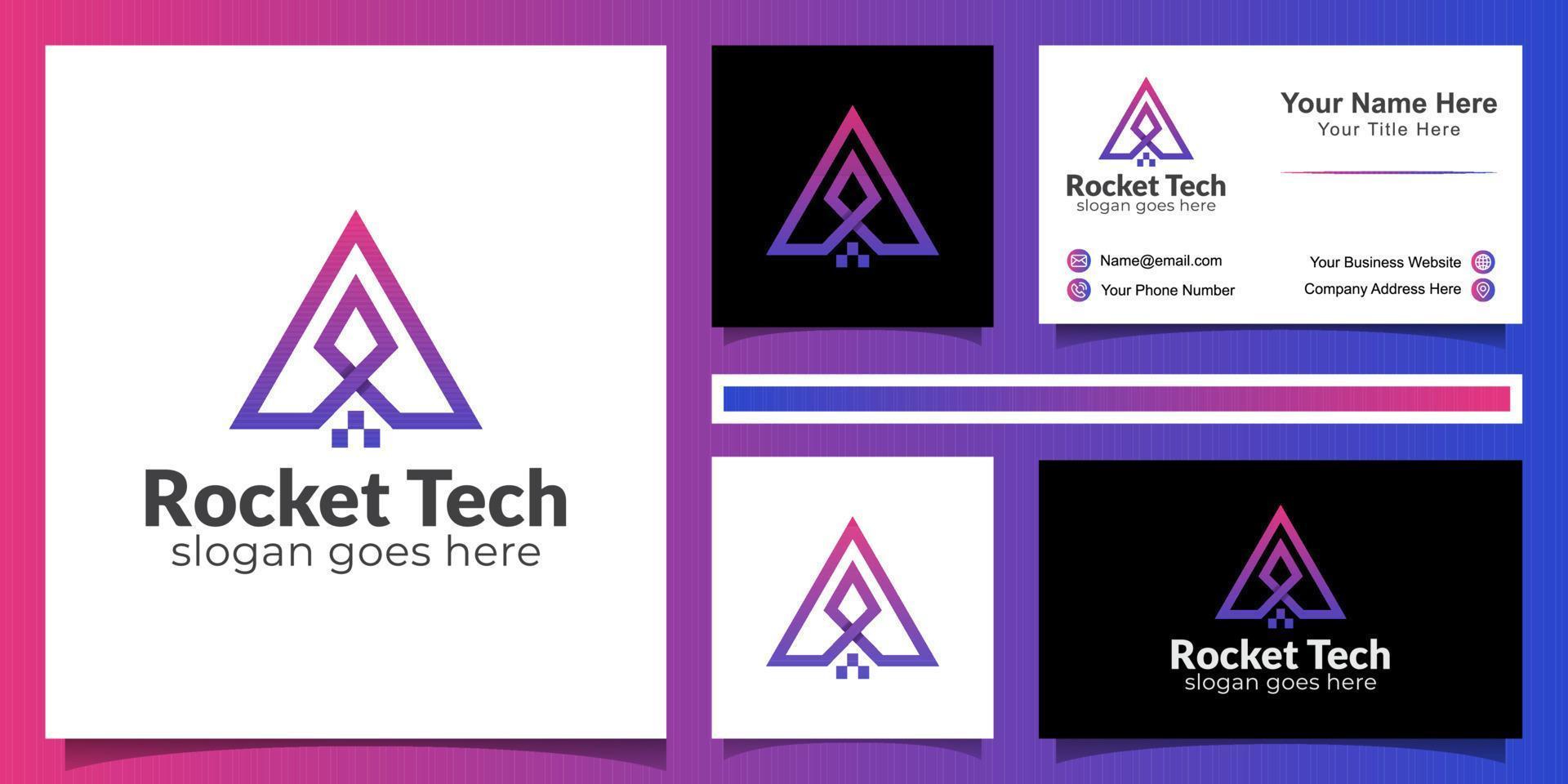 rocket technology with letter A logo icon and business card design vector