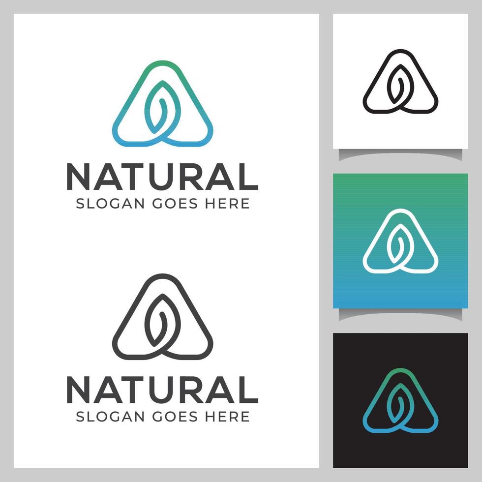 Simple Modern Triangle with Leaf logo icon design with triangle or letter A symbol, eco green leaf and business card design vector