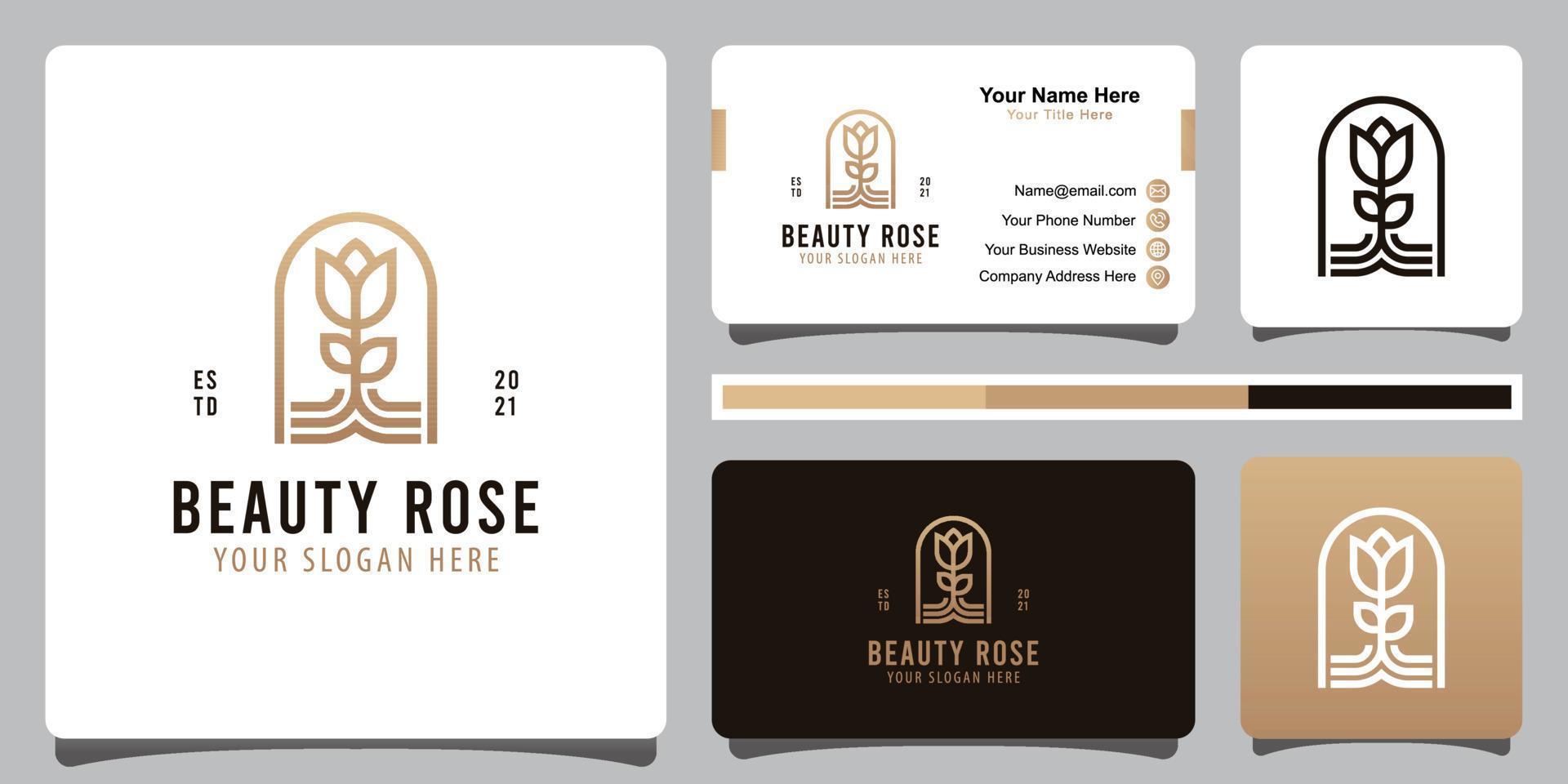 elegant beauty rose line art logos, for decoration, cosmetics, spa, fashion logo with business card vector